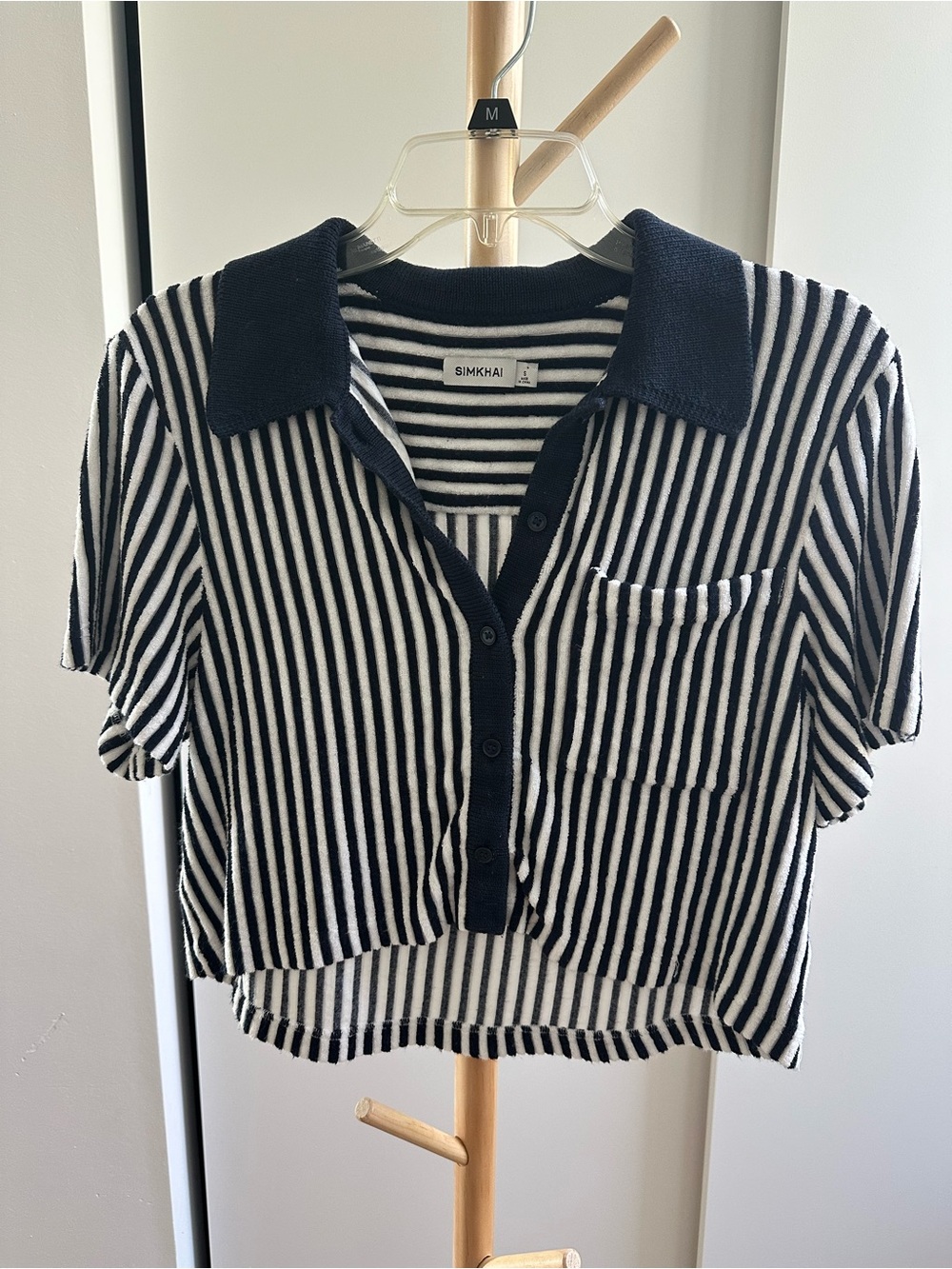 SIMKHAI Navy & White Striped Terry Crop Polo Top — Size S